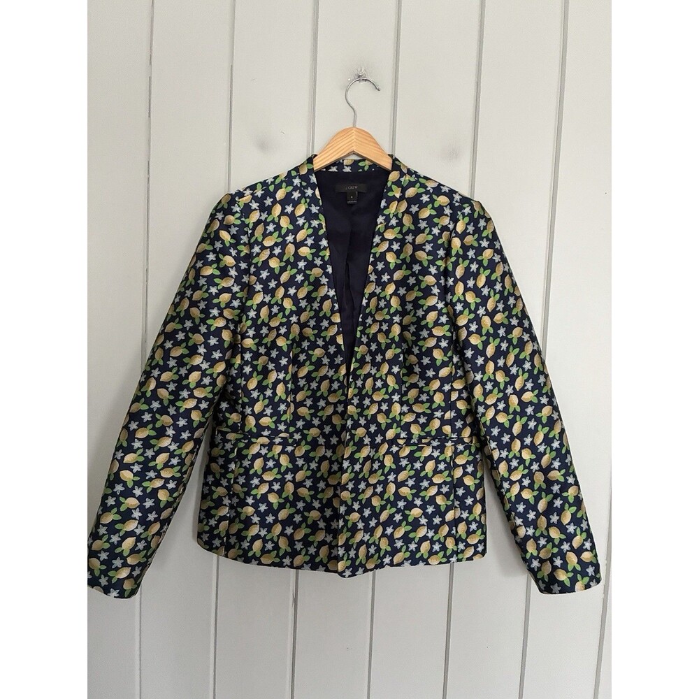 J. Crew Blazer 8 Navy Blue Lemon Floral Embroidered Open Front Jacket H8150